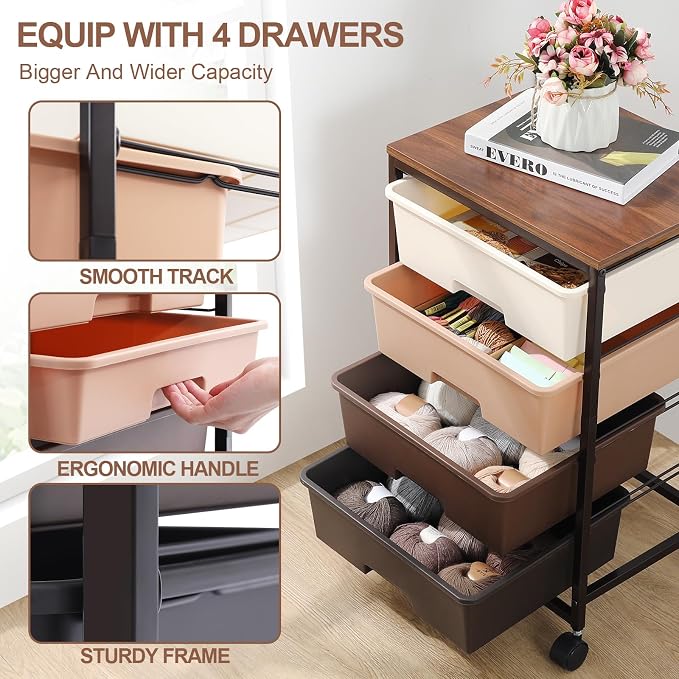 Utility Cart with 4 Drawers, Rolling Storage Cart with Drawers, Storage Rolling - Image 5