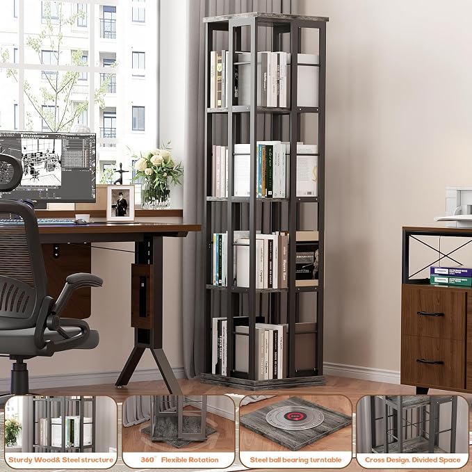 Aheaplus Rotating Bookshelf, 4-Tier Corner Bookshelf, 360 Display Wood Spinning - Image 6