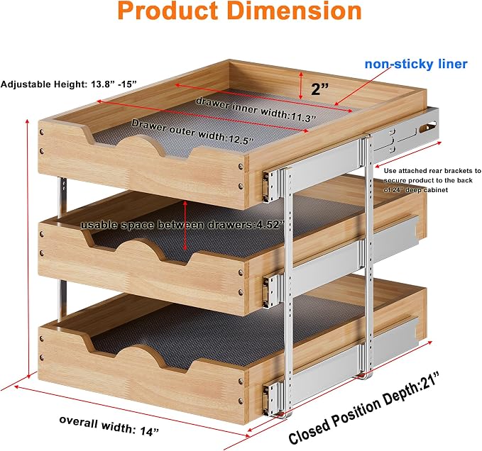 DINDON 3 Tier Pull Out Cabinet Organizer 14”W X21”D Slide Out Shelves - Image 2