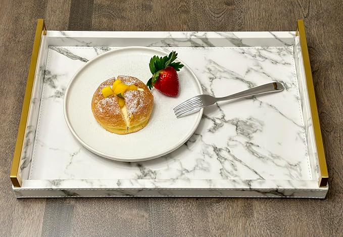 17.8 * 11.8" White PU Leather Marble Finish Decorative Tray Serving Tray - Image 2