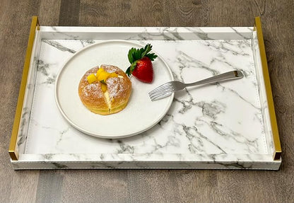 17.8 * 11.8" White PU Leather Marble Finish Decorative Tray Serving Tray - Image 2