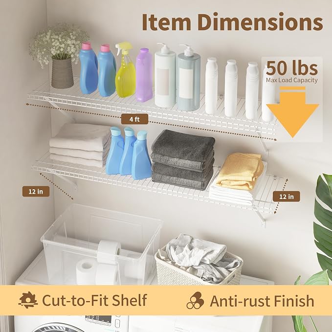 Closet Shelves Wall Mounted, 2 Pack 4 ft x 12 in White Wire Shelving Kit - Image 2