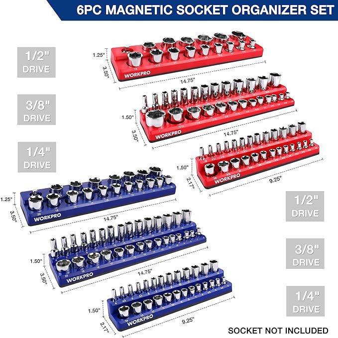 WORKPRO Magnetic Socket Organizer Set, 6-Piece Socket Holder Set Includes 1/4" - Image 3