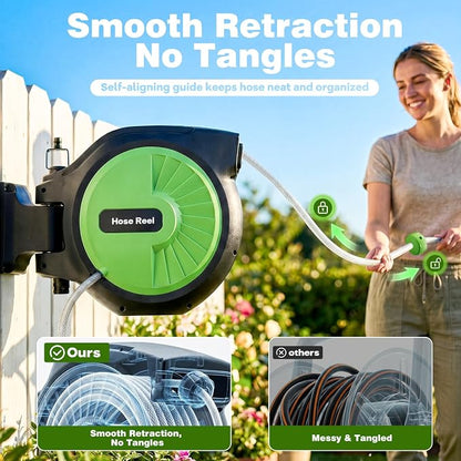 Retractable Garden Hose Reel 100FT x 1/2 in, Wall Mount Water Hose Reel - Image 2