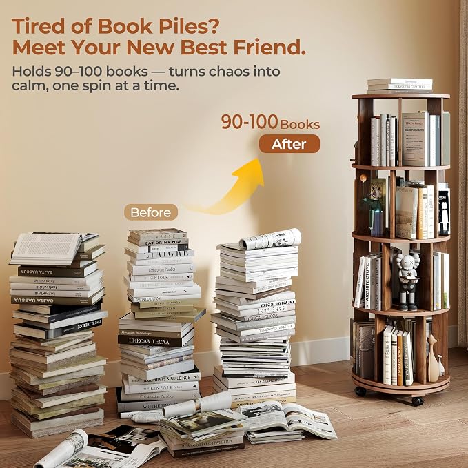 4-Tier Rotating Bookshelf on Wheels, 360° Spinning Bookshelf Tower, Round - Image 3