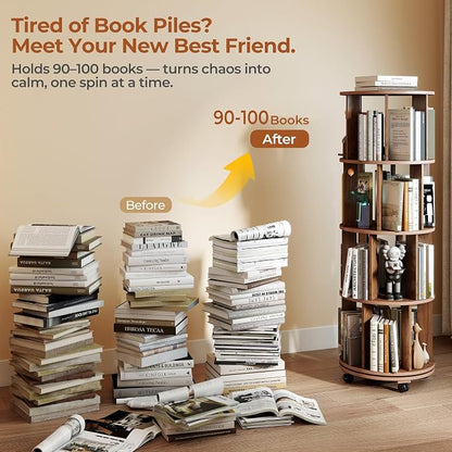 4-Tier Rotating Bookshelf on Wheels, 360° Spinning Bookshelf Tower, Round - Image 3