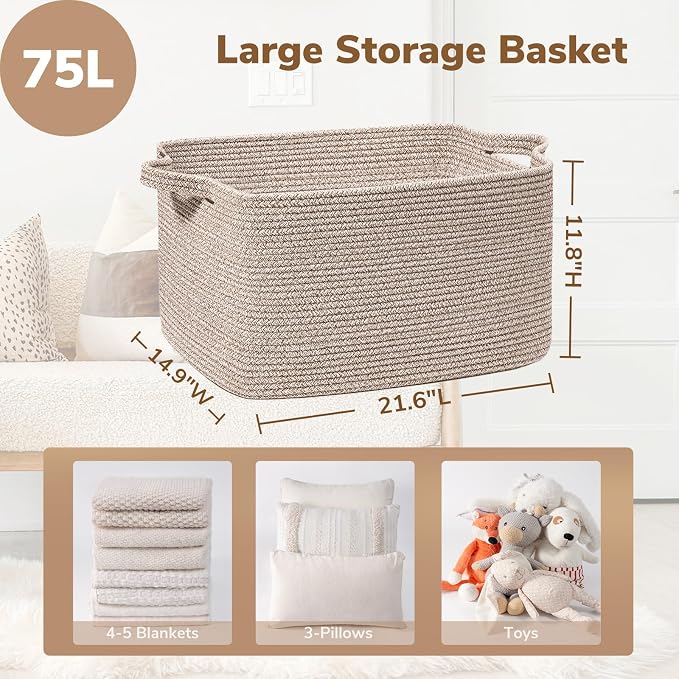 Goodpick Large Woven Storage Basket, 21.6" x 14.9" x 11.8" Blanket Basket - Image 3