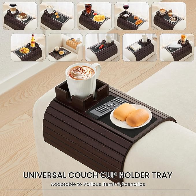 Bamboo Couch Cup Holder, Foldable Sofa Arm Tray, Anti-Slip Couch Aremrest Tray - Image 2