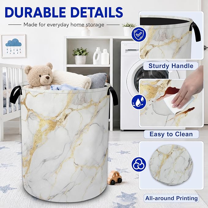 White Marble Laundry Basket Foldable Waterproof Oxford Cloth Tote Bag Laundry - Image 3