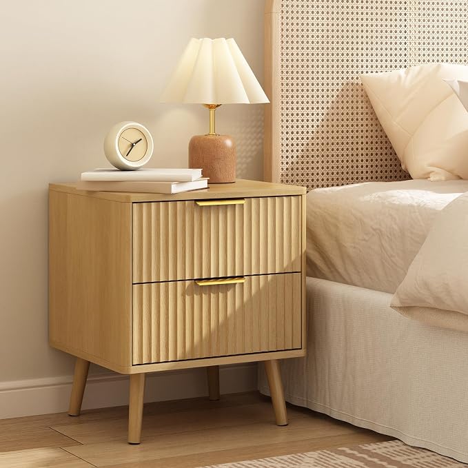 CARPETNAL Fluted Nightstand Set of 2, Oak Bedside Table - Image 3
