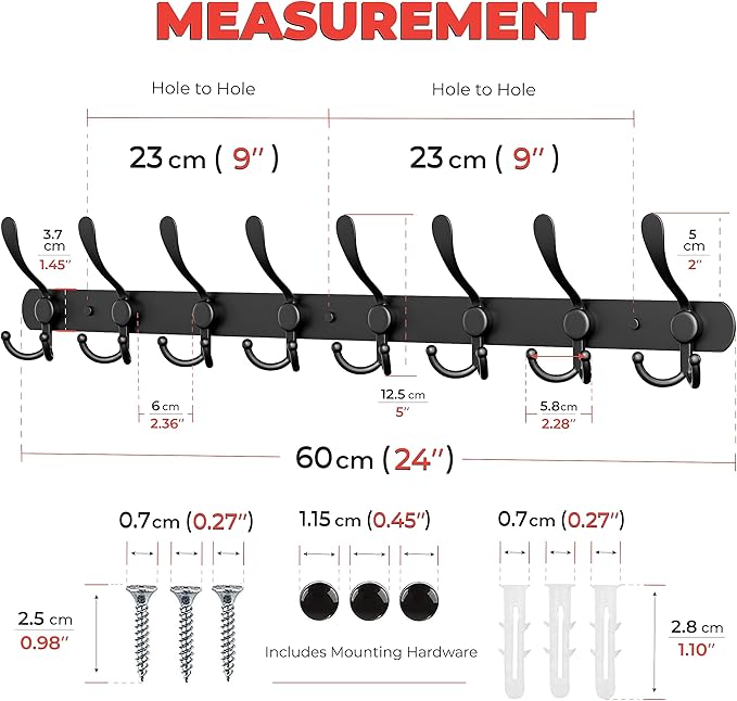 Coat Rack Wall Mount with 8 Tri Hooks, Stainless Steel 24 Inch – Black Matte - Image 2