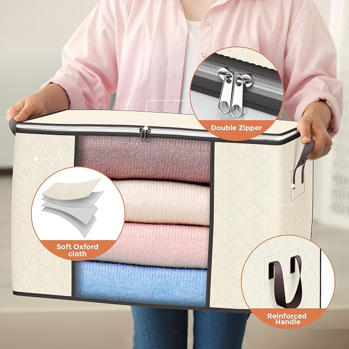 90 L Large Storage Bags, 4 Pack Clothes Storage Bins Foldable Closet Organizers - Image 3