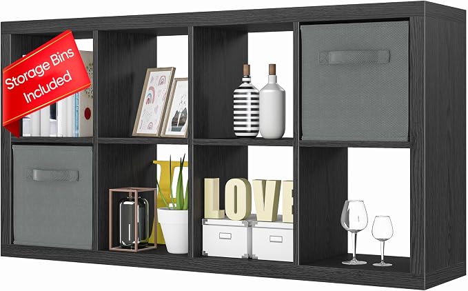 Bookshelf with Storage Bins, 8-Cube Storage Organizer, Modern Black Bookshelf by furtble