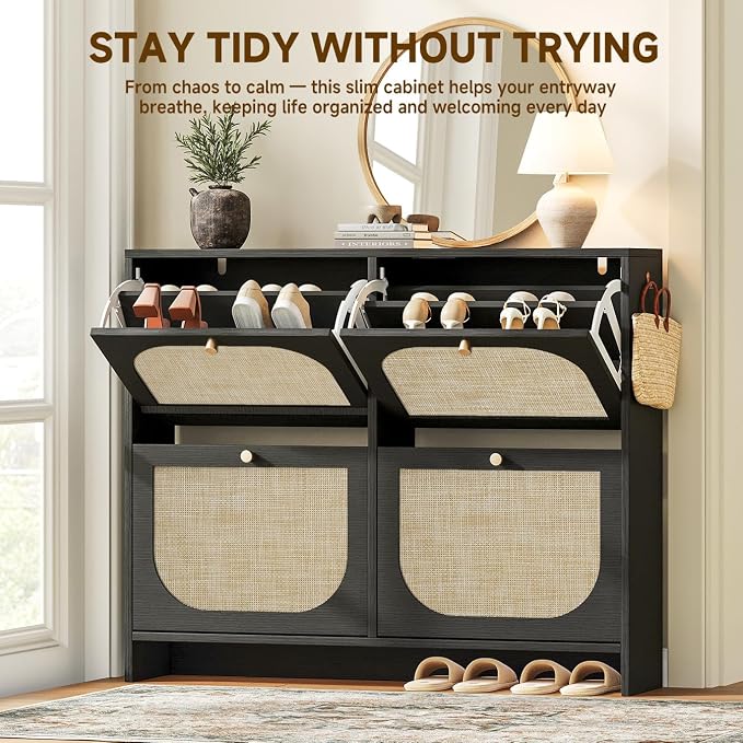 Nicetree Shoe Storage Cabinet for Entryway, Rattan Vintage Flip Shoe Rack- 4 - Image 7