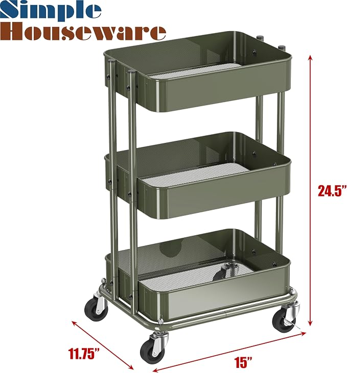 Simple Houseware 3-Tier Compact Utility Rolling Cart, Low 24” Height Fits Under - Image 3