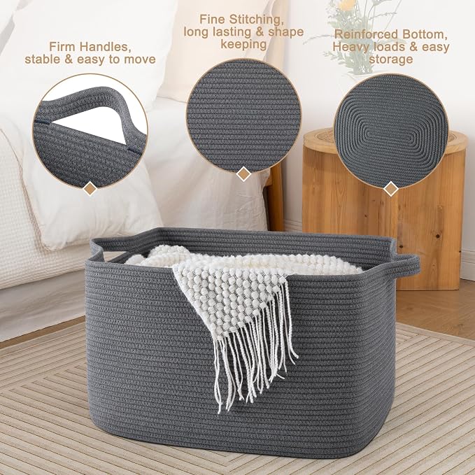 65L Large Storage Basket, Cotton Rope Woven Blanket Basket, Toy Storage - Image 5
