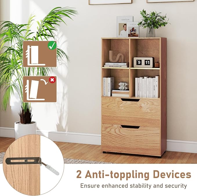 Giantex Bookshelf with 4 Cubes & 2 Drawers, 51” Tall Floor Bookcase with - Image 5