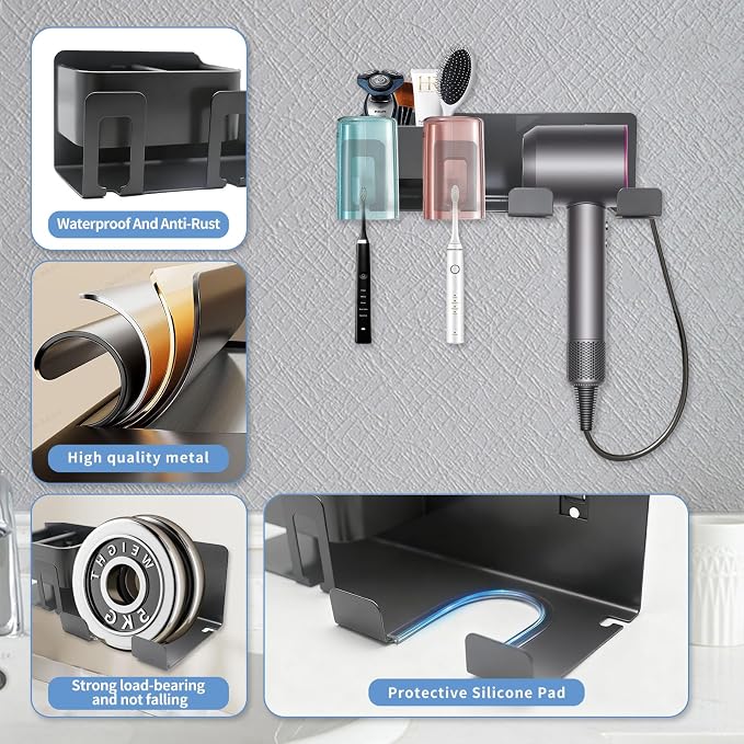 Hair Dryer Holder Wall Mounted Adhesive/Drilling, Hair Dryer Storage Organizer - Image 5