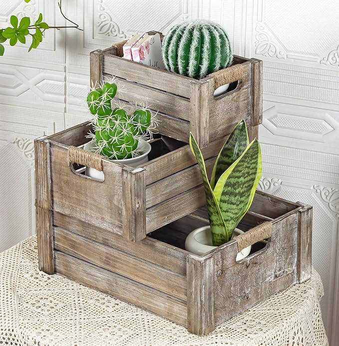 TIMRIS Set of 3 Rustic Wood Nesting Crates, Farmhouse Wooden Storage Container by TIMRIS
