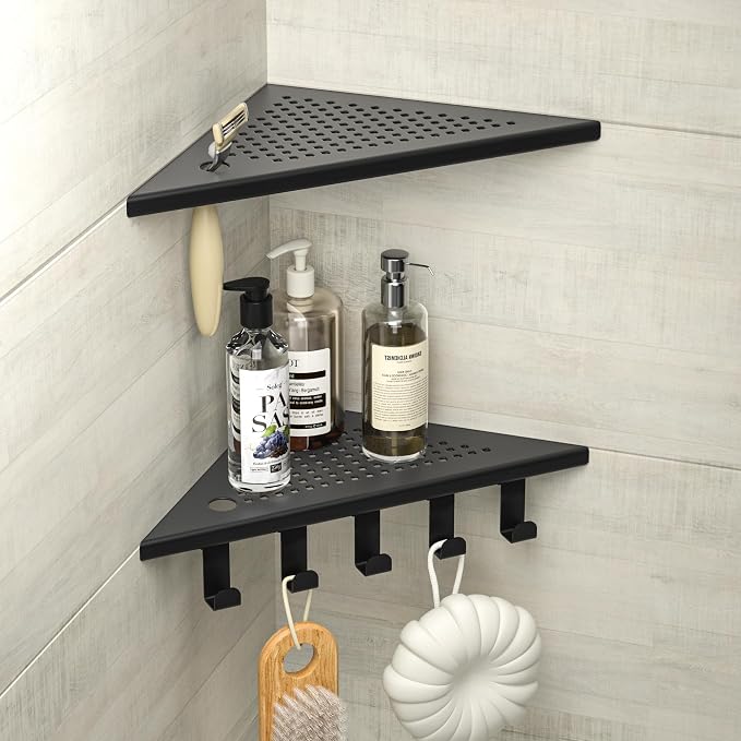 Grout in Shower Shelves with Hooks, 304 Stainless Steel Corner Bathroom Shelf - Image 7