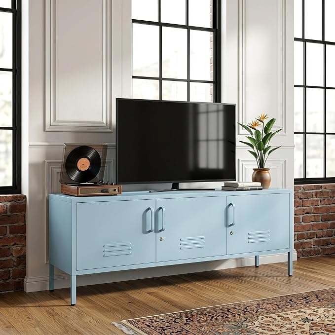 Lockable 3-Door Ocean Blue Metal TV Cabinet, Industrial Low Profile Steel Media by mkficje