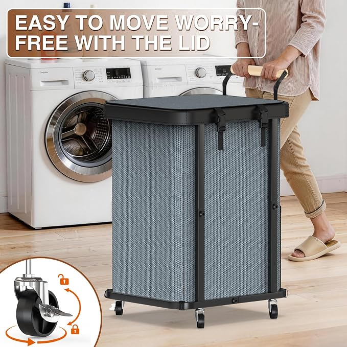 40 Gal Laundry Hamper with Lid, Leather Patchwork Laundry Basket with Rolling - Image 3