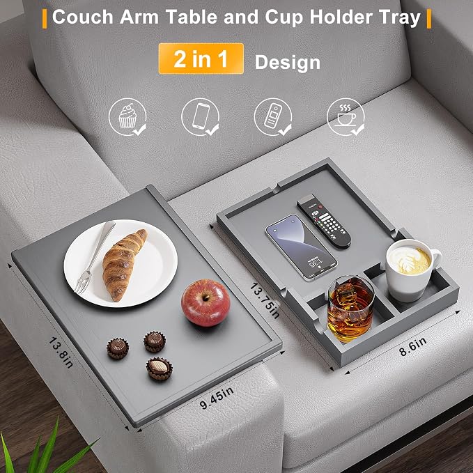 Couch Cup Holder Tray - 2 in 1 Couch Armrest Table - Sofa Armchair Caddy - Image 3