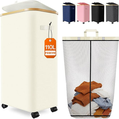 Laundry Hamper with Wheels, 110L Large Clothes Hamper with Removable Inner Bag by Fzzcvo