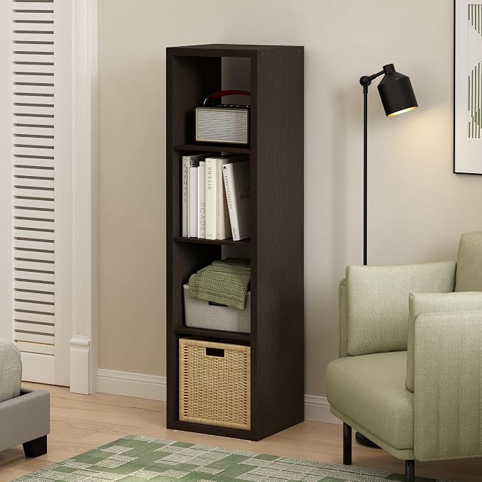 Furinno Cubicle 4-Cube Book Shelf, Extra Thick Vertical Bookshelf, Dark Oak | - Image 2