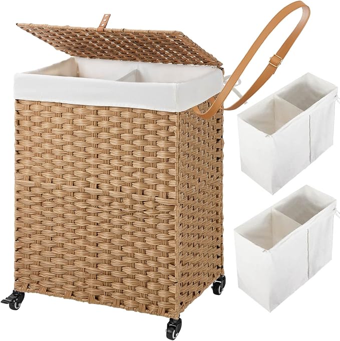 Greenstell Laundry Hamper with Wheels, No Install Needed, 90L Divided Handwoven by Greenstell