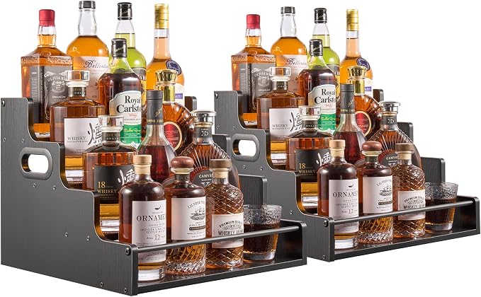 2 Pack 4-Tier Liquor Bottle Display Shelf, 16-Inch Wooden Bar Shelves by Unknown