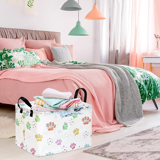 Baby Storage Basket, Colorful Dog Paw Print, Waterproof Lining, Leather Handles - Image 4