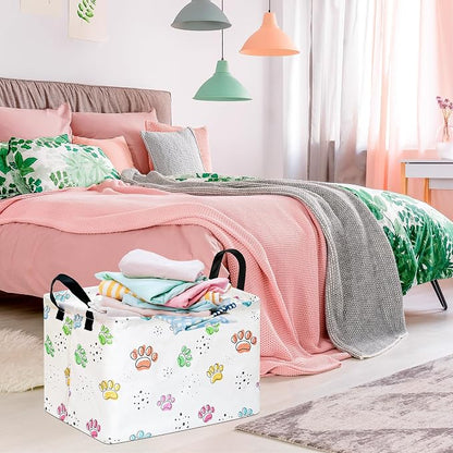 Baby Storage Basket, Colorful Dog Paw Print, Waterproof Lining, Leather Handles - Image 4