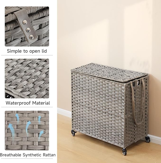 Laundry Hamper with Wheels, 39.6 Gallon Rolling Laundry Basket with Lid - Image 8