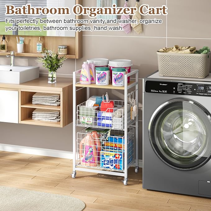 3 Tier Laundry Room Cart with Pull-Out Baskets, Utility Cart Rolling Storage - Image 8