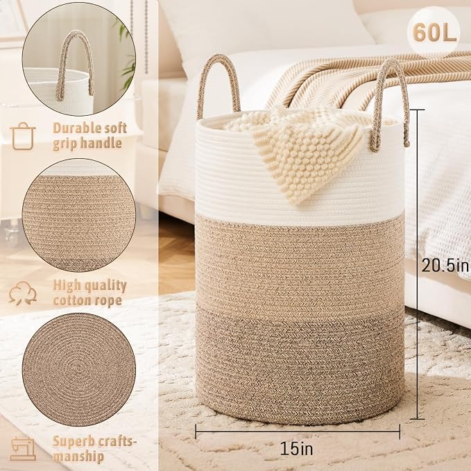 Laundry Basket, Woven Cotton Rope Laundry Hamper, 60L - Image 6
