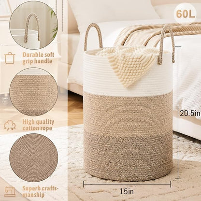 Laundry Basket, Woven Cotton Rope Laundry Hamper, 60L - Image 6