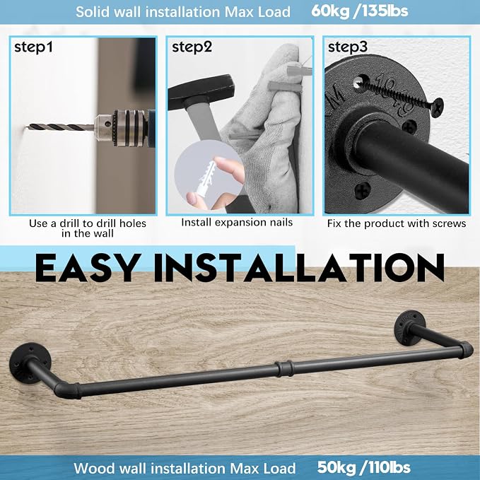 Industrial Pipe Clothes Rack Wall Mounted Clothing Rack Set of 2, 38.2 Inches - Image 4