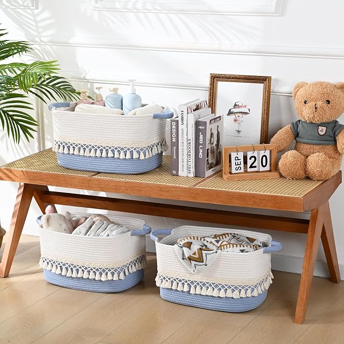 2 Pack Storage Basket, Heavy Tassel Woven Baskets - Image 5