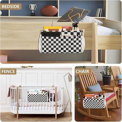 Checkered Black Bedside Caddy for Dorm Bed Bedside Hanging Caddy Bag Iron Frame - Image 8