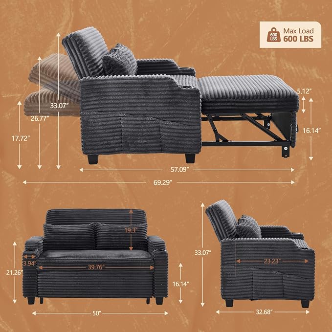 VINGLI Dark Gray Futon Sofa Bed Convertible Loveseat Sleeper Sofa Couch - Image 3