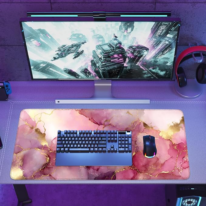 Pink Marble Ink Mouse Pad – Large Extended Desk Mat 35.43 x 15.75 in – Elegant - Image 8