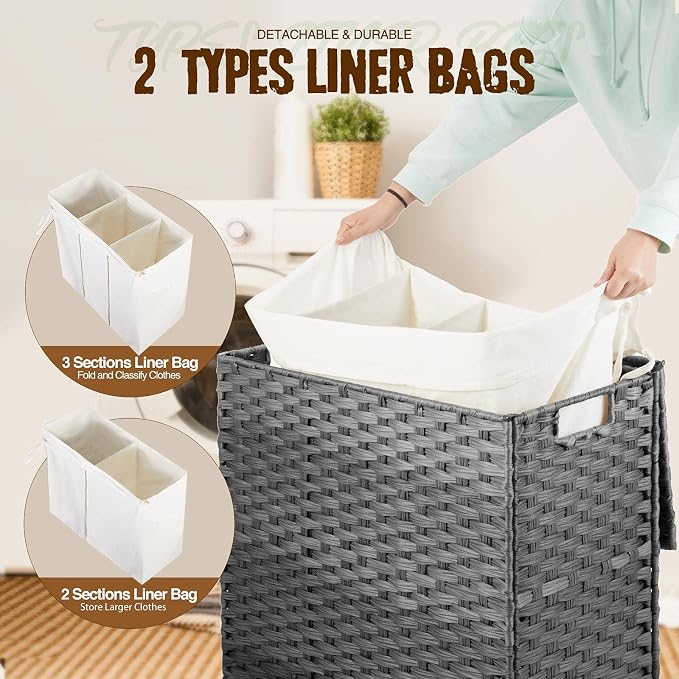 Greenstell Laundry Hamper with Lid, 125L Large Clothes Hamper with 3 Section & - Image 2