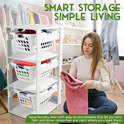 Laundry Basket Holder Shelf – Stackable Engineered Wood Laundry Tower, Tiered - Image 7