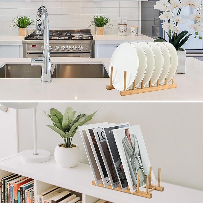 INNERNEED Bamboo Wooden Dish Rack, Vertical Plate & Lid Organizer - Image 8