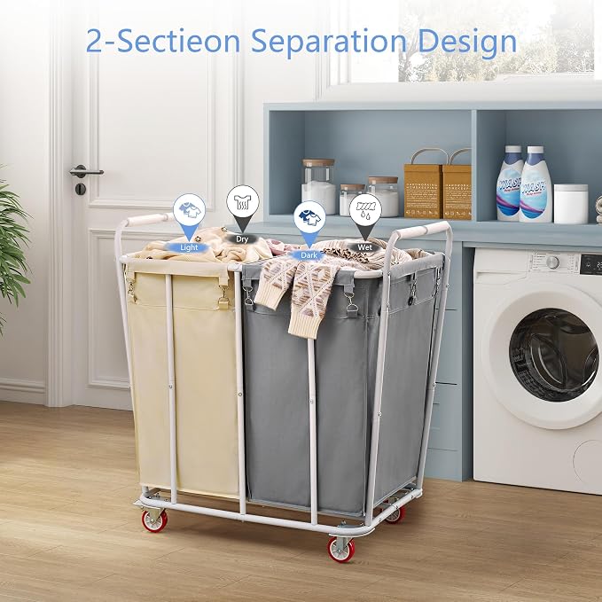 Hoctieon 2 Section Laundry Sorter Cart, 400L Rolling Hamper - Image 2