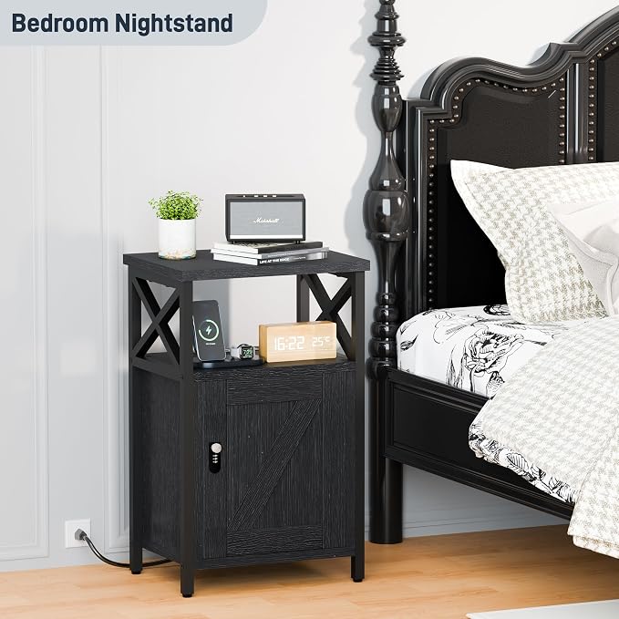 runjuly Wooden Nightstand with Lock Cabinet and Charging Station, Lockable - Image 2