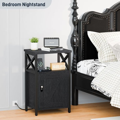 runjuly Wooden Nightstand with Lock Cabinet and Charging Station, Lockable - Image 2