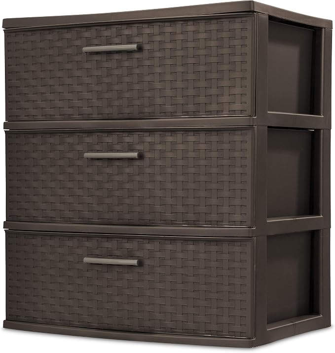 Sterilite 3 Drawer Wide Storage Tower, Plastic Weave Organizer, Espresso - Image 4