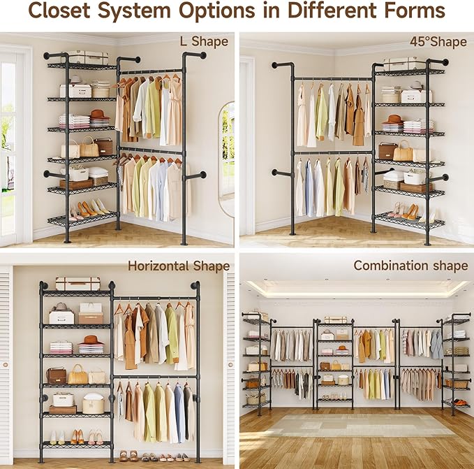 L2 Wall Mounted Closet System, Industrial Pipe Clothing Rack Clothes Racks - Image 5